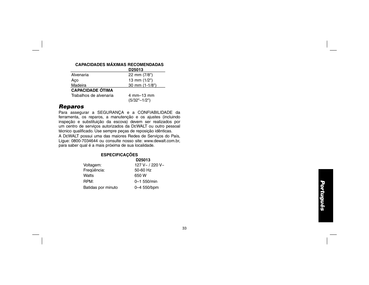 Por tuguês, Reparos | DeWalt SDS Plus D25013 User Manual | Page 35 / 36