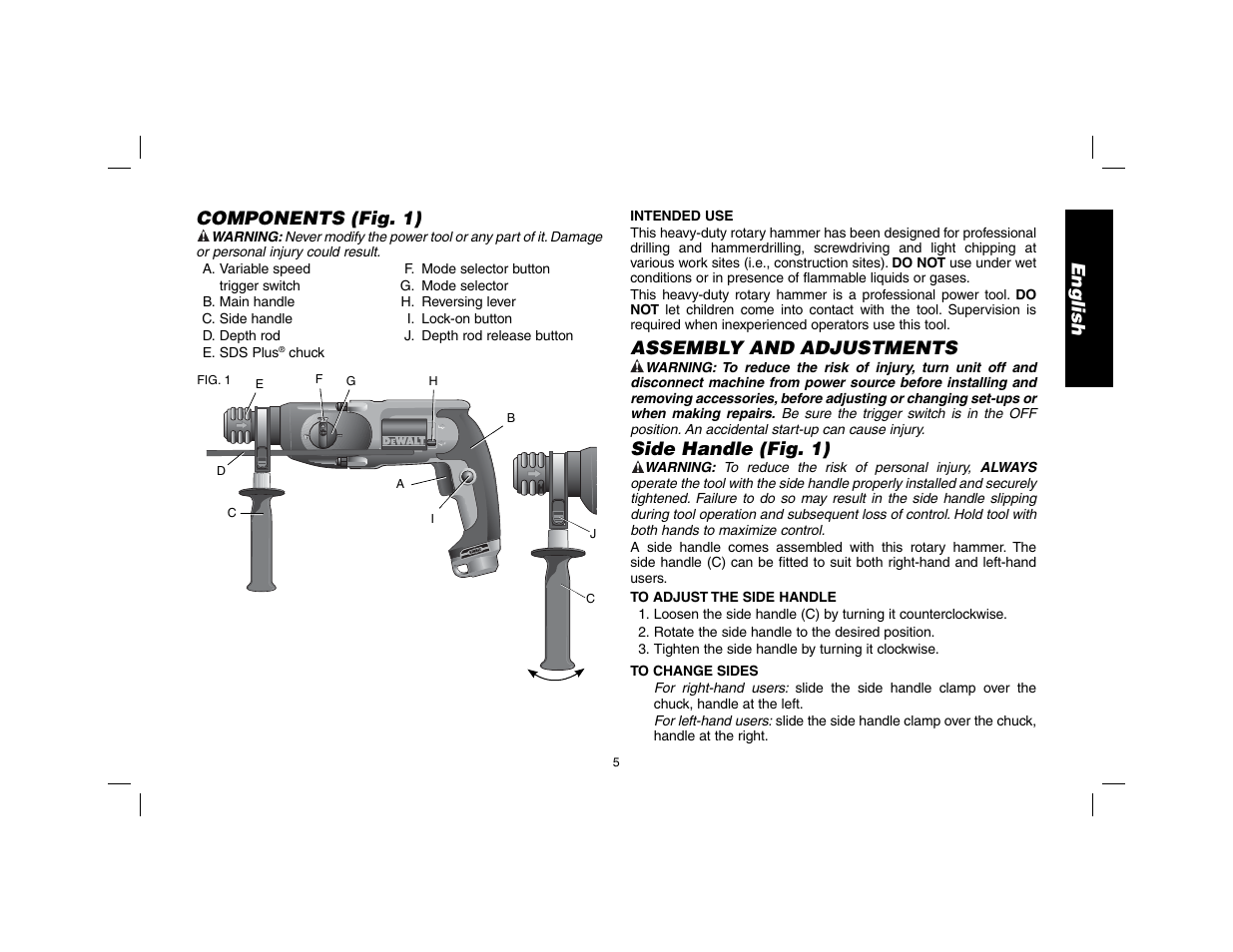 English components (fig. 1), Assembly and adjustments, Side handle (fig. 1) | DeWalt SDS Plus D25013 User Manual | Page 7 / 36