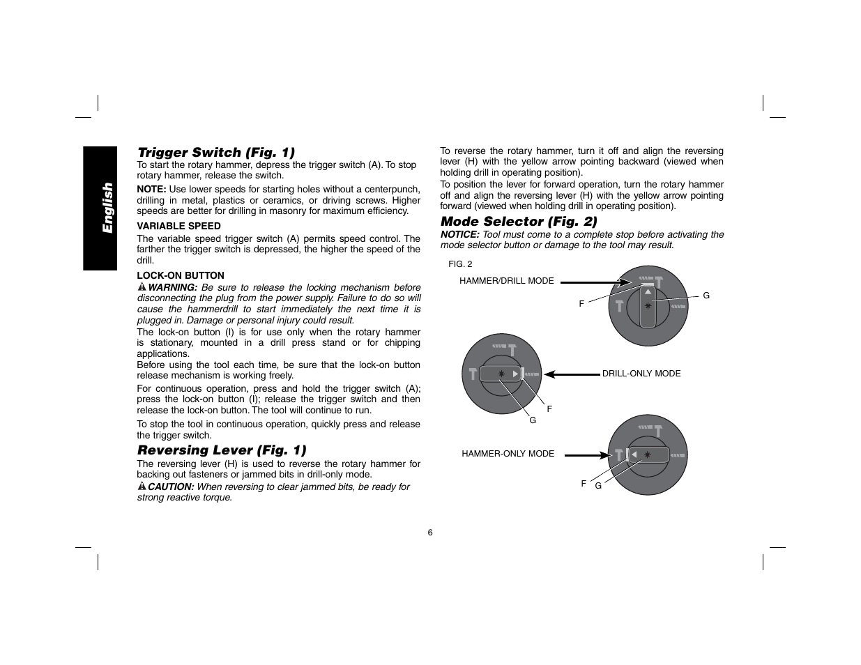English trigger switch (fig. 1), Reversing lever (fig. 1), Mode selector (fig. 2) | DeWalt SDS Plus D25013 User Manual | Page 8 / 36