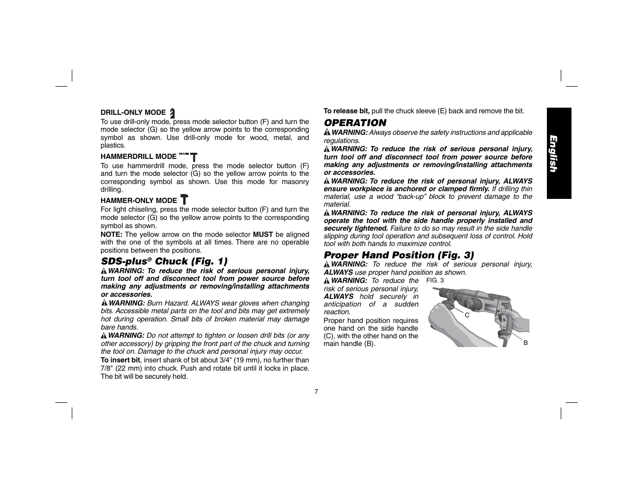 English, Sds-plus, Chuck (fig. 1) | Operation, Proper hand position (fig. 3) | DeWalt SDS Plus D25013 User Manual | Page 9 / 36