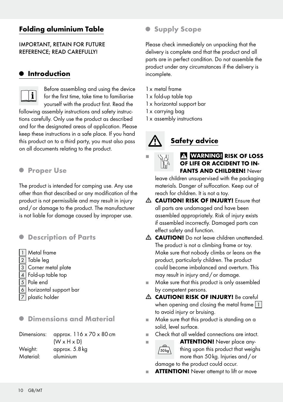 Folding aluminium table, Introduction, Proper use | Description of parts, Dimensions and material, Supply scope, Safety advice | Rocktrail Z29706 User Manual | Page 10 / 17