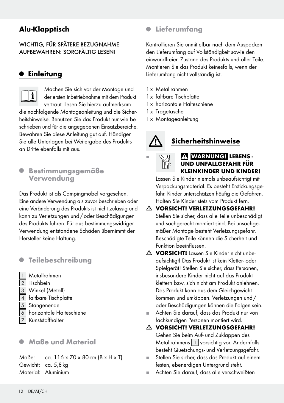 Alu-klapptisch, Einleitung, Bestimmungsgemäße verwendung | Teilebeschreibung, Maße und material, Lieferumfang, Sicherheitshinweise | Rocktrail Z29706 User Manual | Page 12 / 17