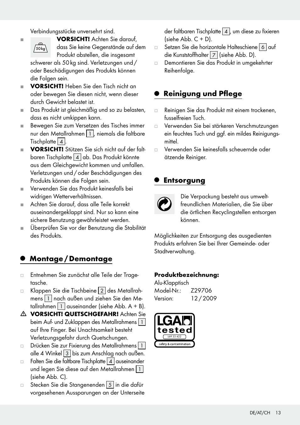 Montage / demontage, Reinigung und pflege, Entsorgung | Rocktrail Z29706 User Manual | Page 13 / 17