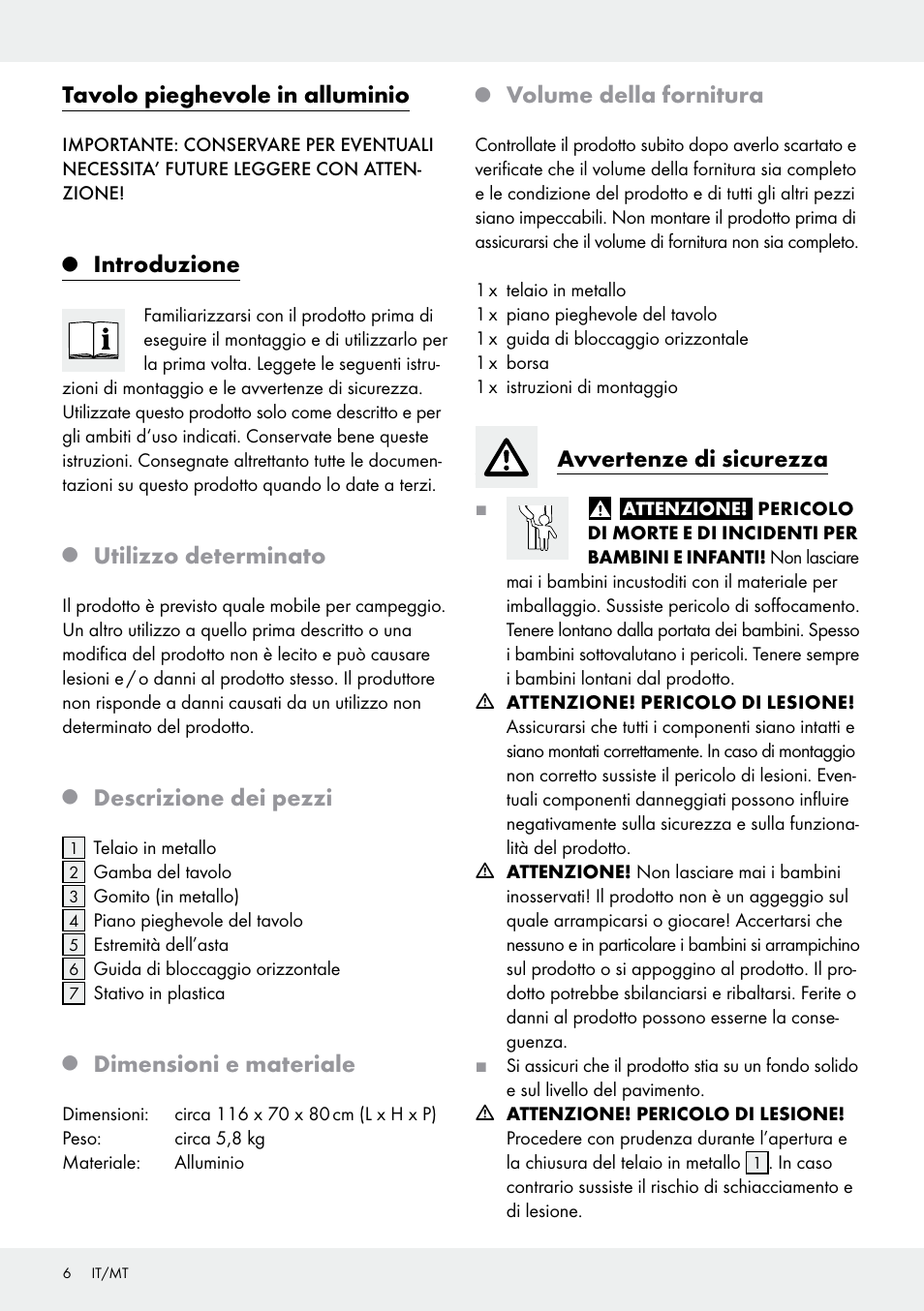 Tavolo pieghevole in alluminio, Introduzione, Utilizzo determinato | Descrizione dei pezzi, Dimensioni e materiale, Volume della fornitura, Avvertenze di sicurezza | Rocktrail Z29706 User Manual | Page 6 / 17