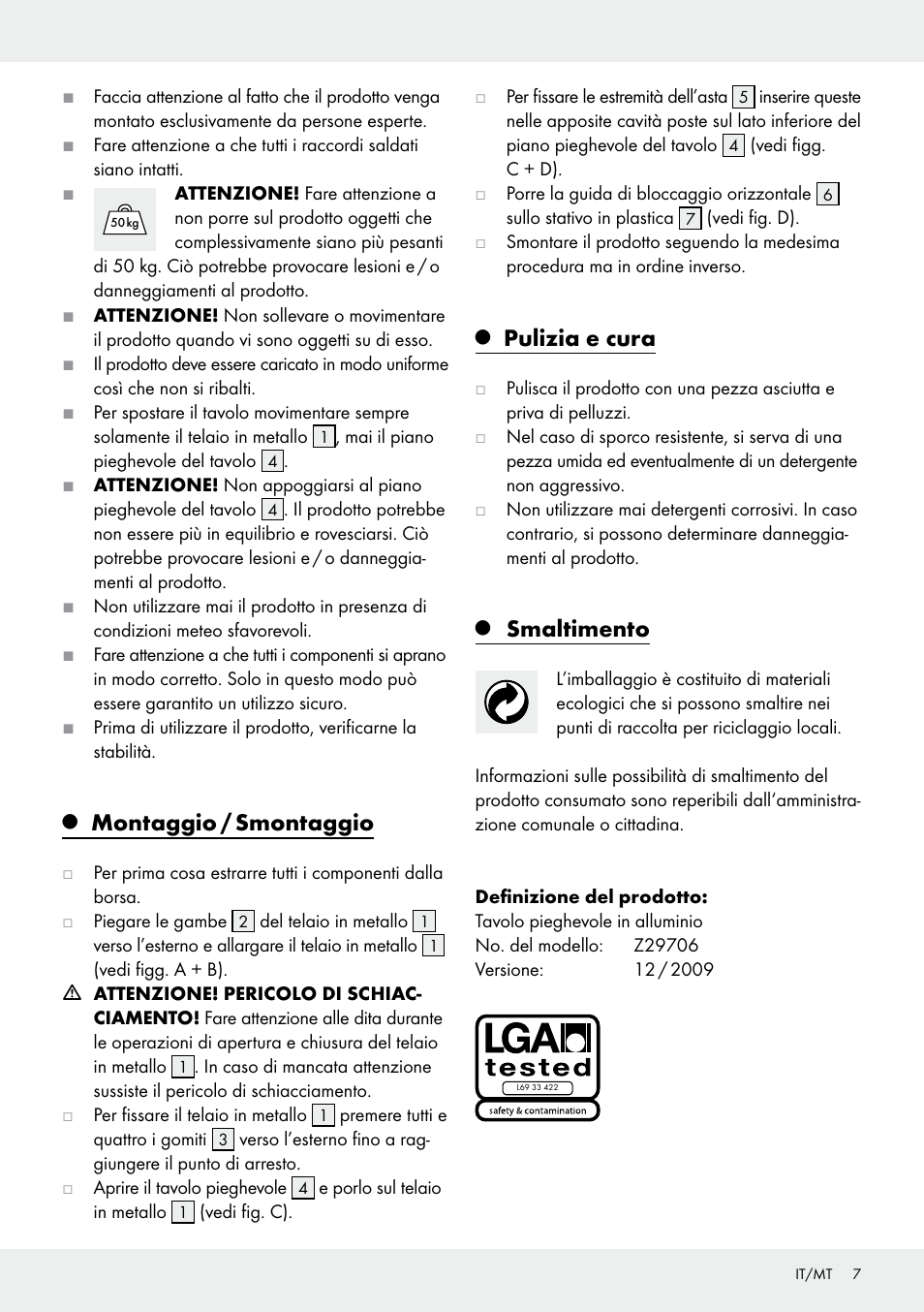 Montaggio / smontaggio, Pulizia e cura, Smaltimento | Rocktrail Z29706 User Manual | Page 7 / 17