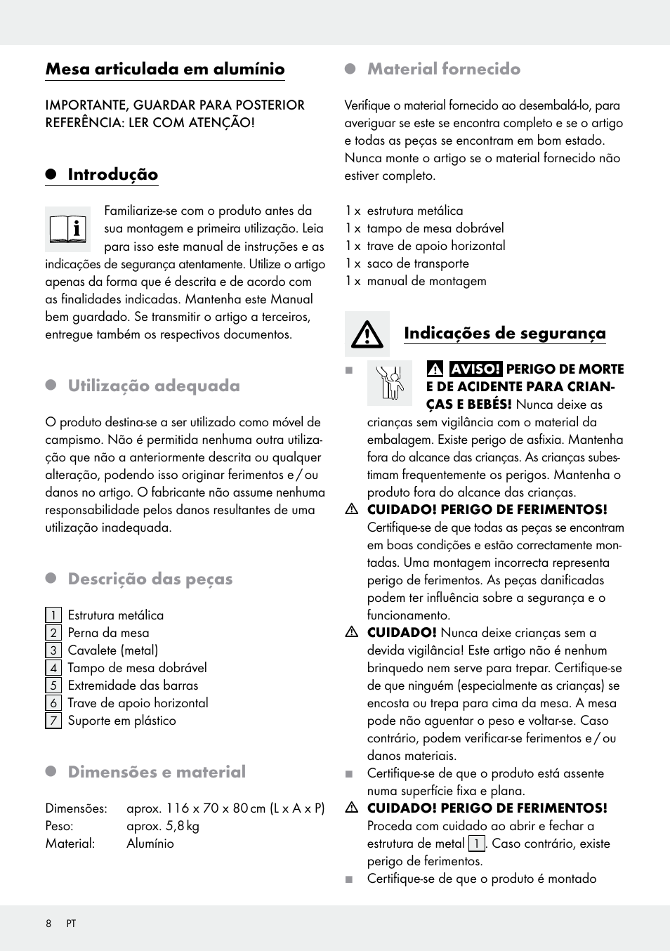 Mesa articulada em alumínio, Introdução, Utilização adequada | Descrição das peças, Dimensões e material, Material fornecido, Indicações de segurança | Rocktrail Z29706 User Manual | Page 8 / 17