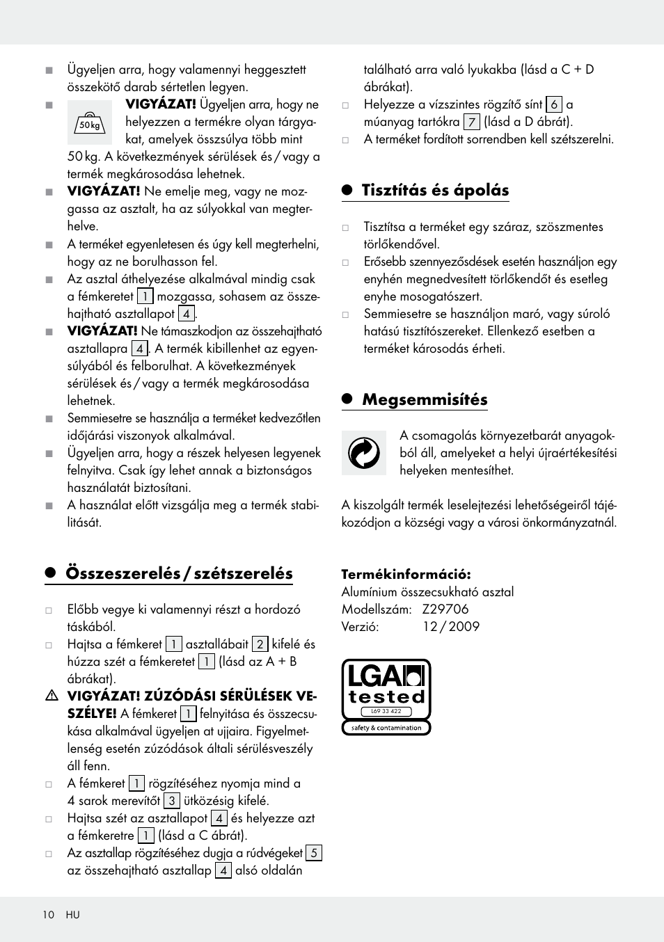 Összeszerelés / szétszerelés, Tisztítás és ápolás, Megsemmisítés | Rocktrail Z29706 User Manual | Page 10 / 24