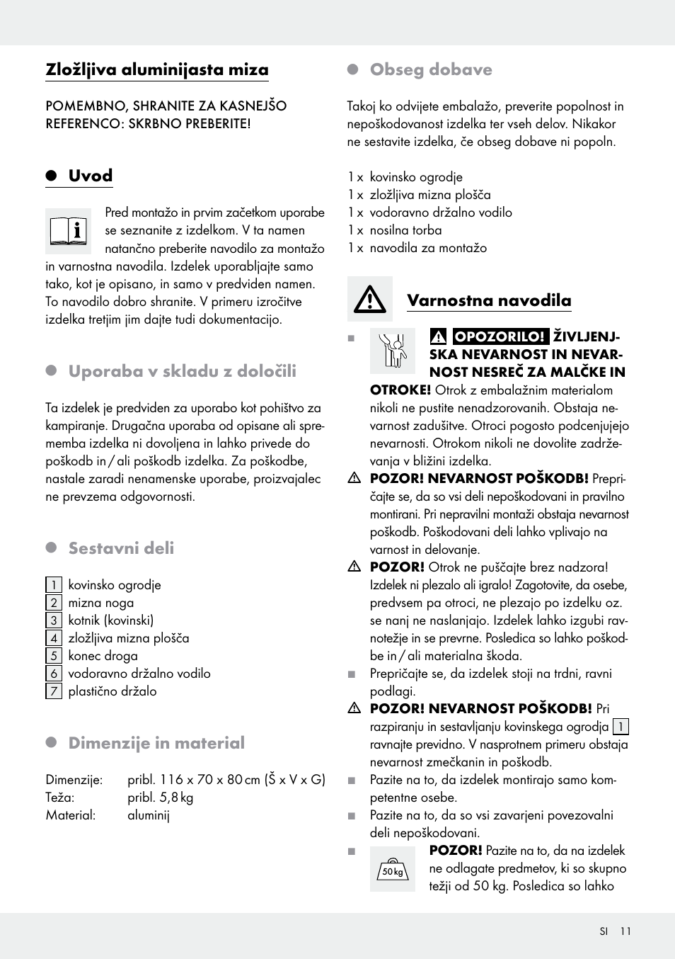 Zložljiva aluminijasta miza, Uvod, Uporaba v skladu z določili | Sestavni deli, Dimenzije in material, Obseg dobave, Varnostna navodila | Rocktrail Z29706 User Manual | Page 11 / 24