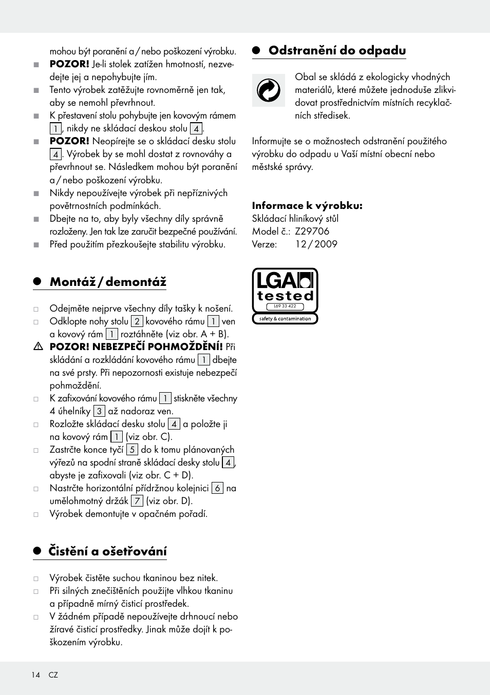 Montáž / demontáž, Čistění a ošetřování, Odstranění do odpadu | Rocktrail Z29706 User Manual | Page 14 / 24