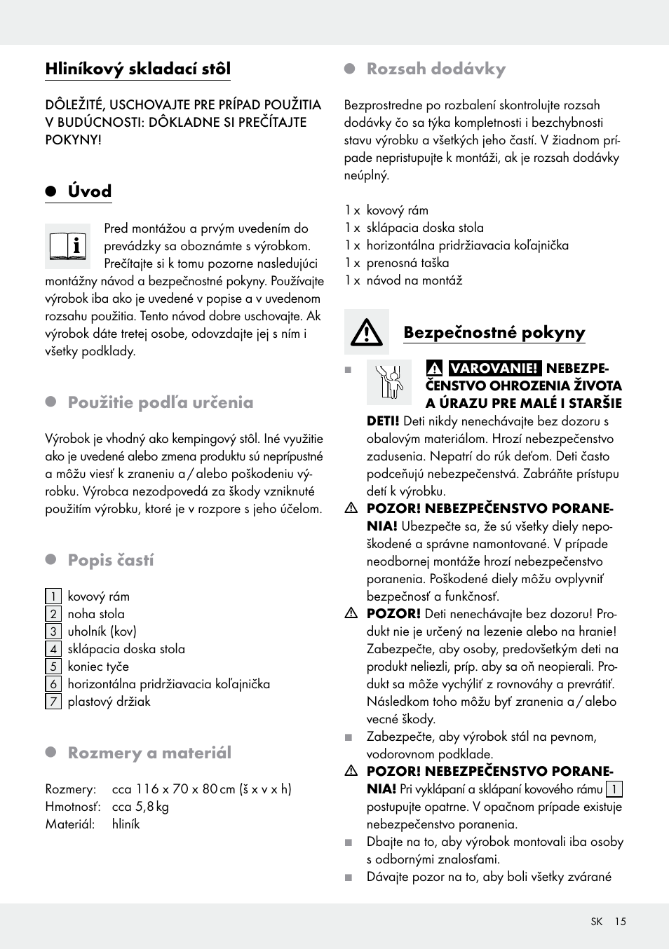 Hliníkový skladací stôl, Úvod, Použitie podľa určenia | Popis častí, Rozmery a materiál, Rozsah dodávky, Bezpečnostné pokyny | Rocktrail Z29706 User Manual | Page 15 / 24