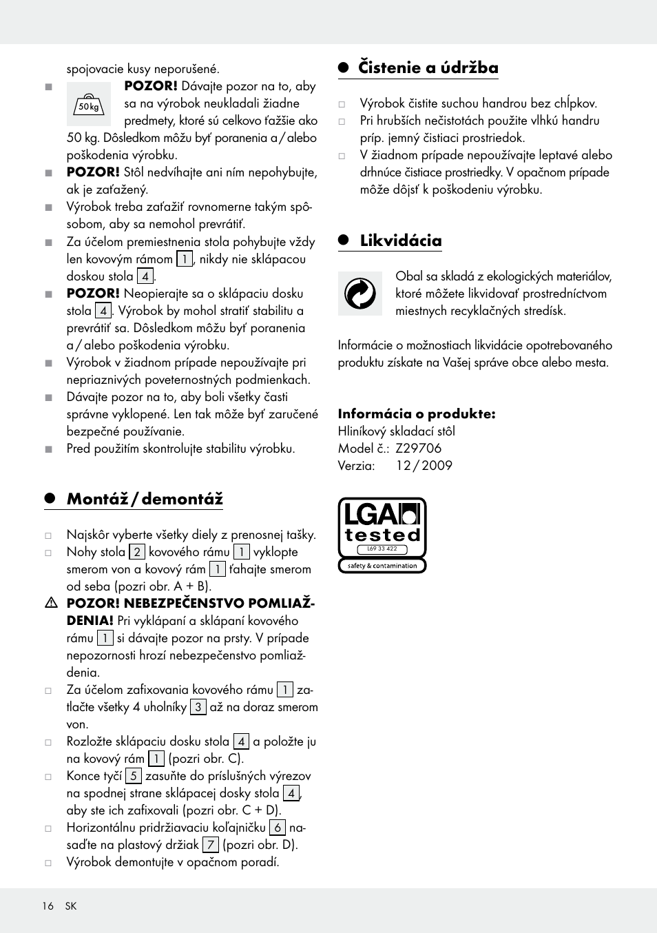 Montáž / demontáž, Čistenie a údržba, Likvidácia | Rocktrail Z29706 User Manual | Page 16 / 24