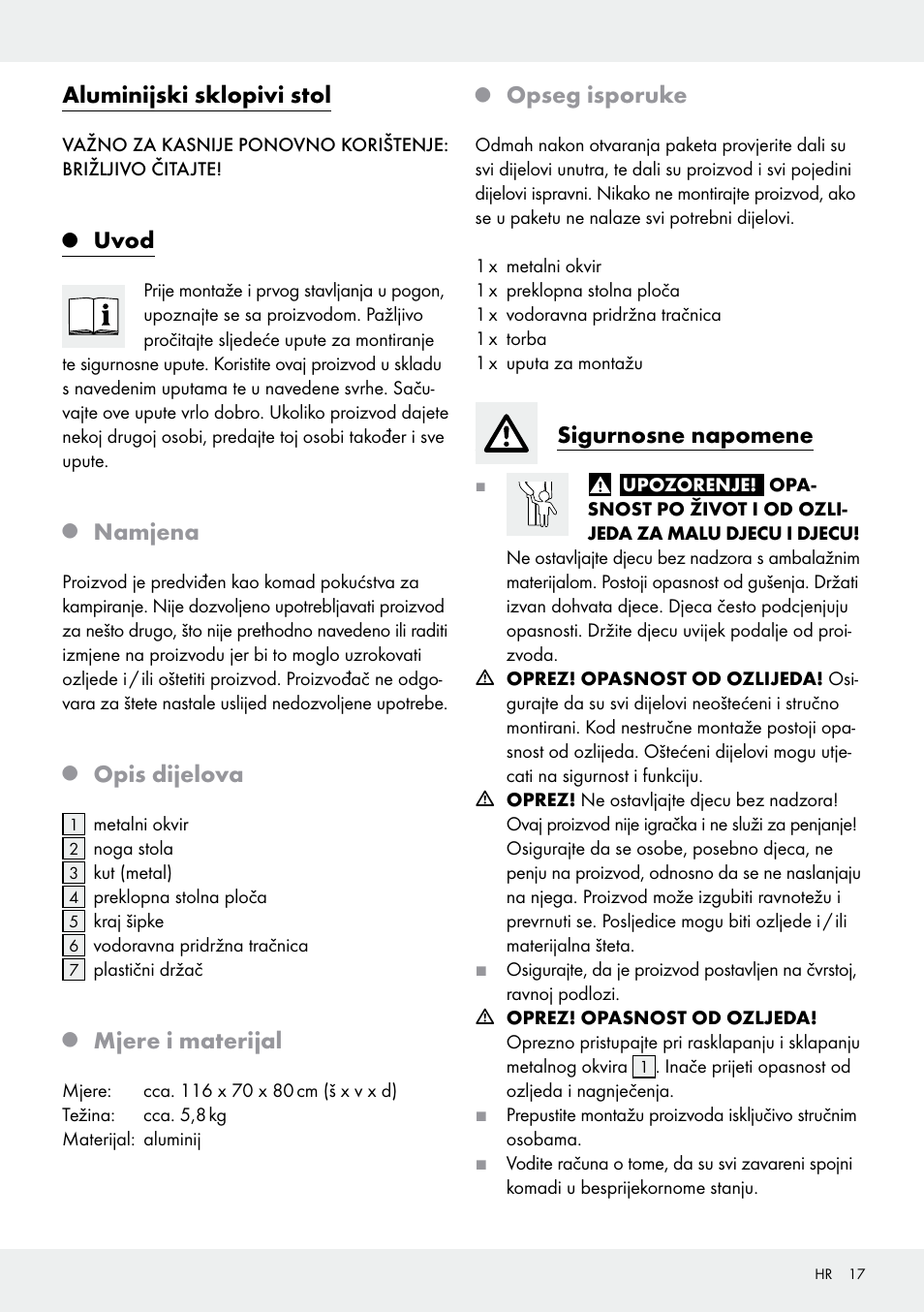Aluminijski sklopivi stol, Uvod, Namjena | Opis dijelova, Mjere i materijal, Opseg isporuke, Sigurnosne napomene | Rocktrail Z29706 User Manual | Page 17 / 24