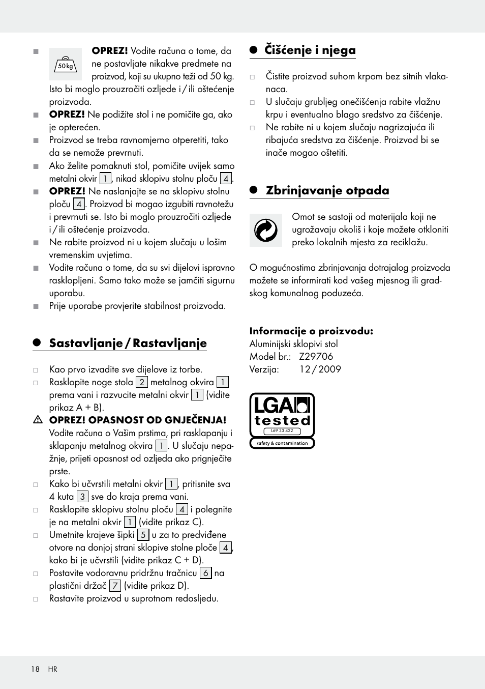 Sastavljanje / rastavljanje, Čišćenje i njega, Zbrinjavanje otpada | Rocktrail Z29706 User Manual | Page 18 / 24