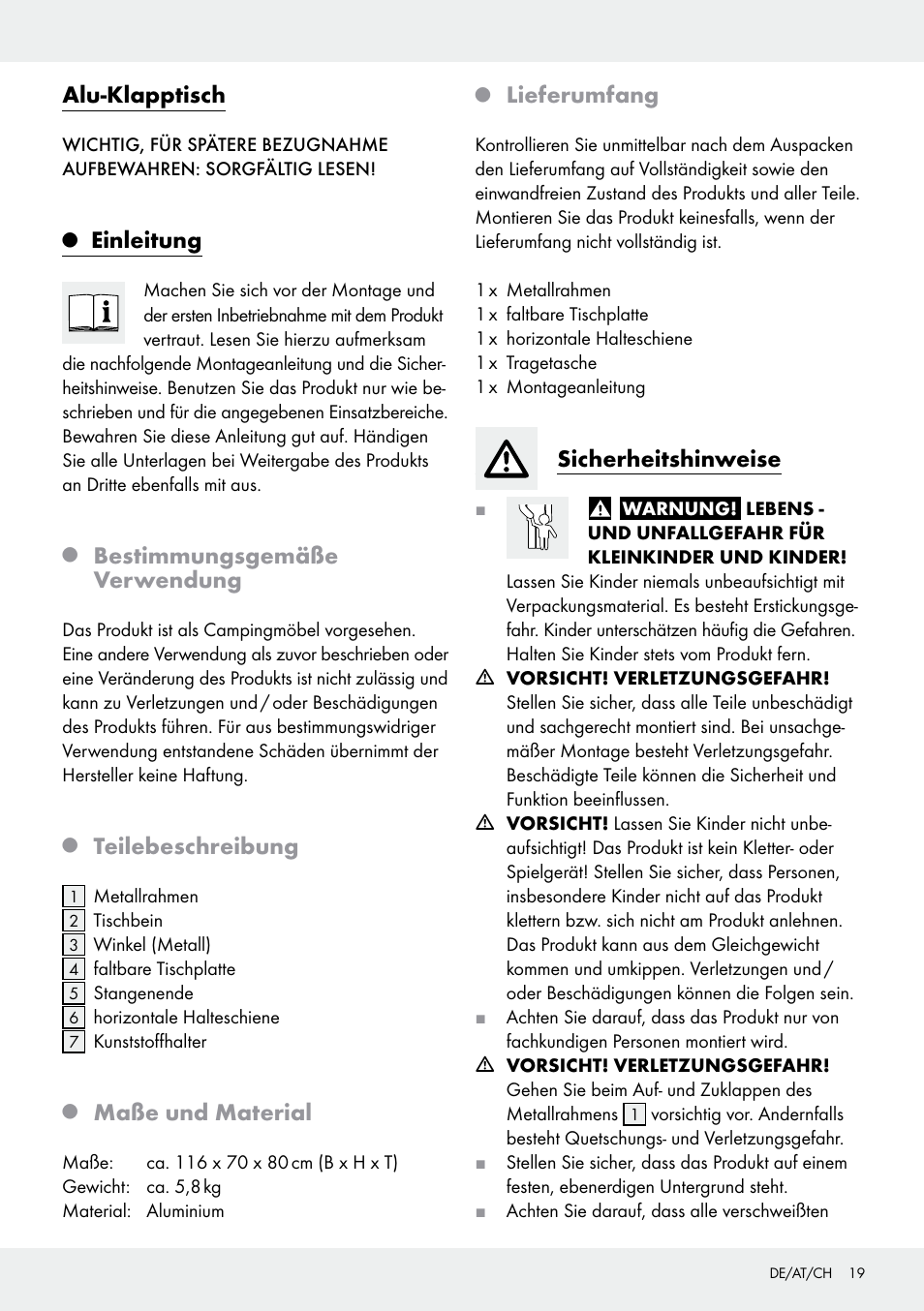 Alu-klapptisch, Einleitung, Bestimmungsgemäße verwendung | Teilebeschreibung, Maße und material, Lieferumfang, Sicherheitshinweise | Rocktrail Z29706 User Manual | Page 19 / 24