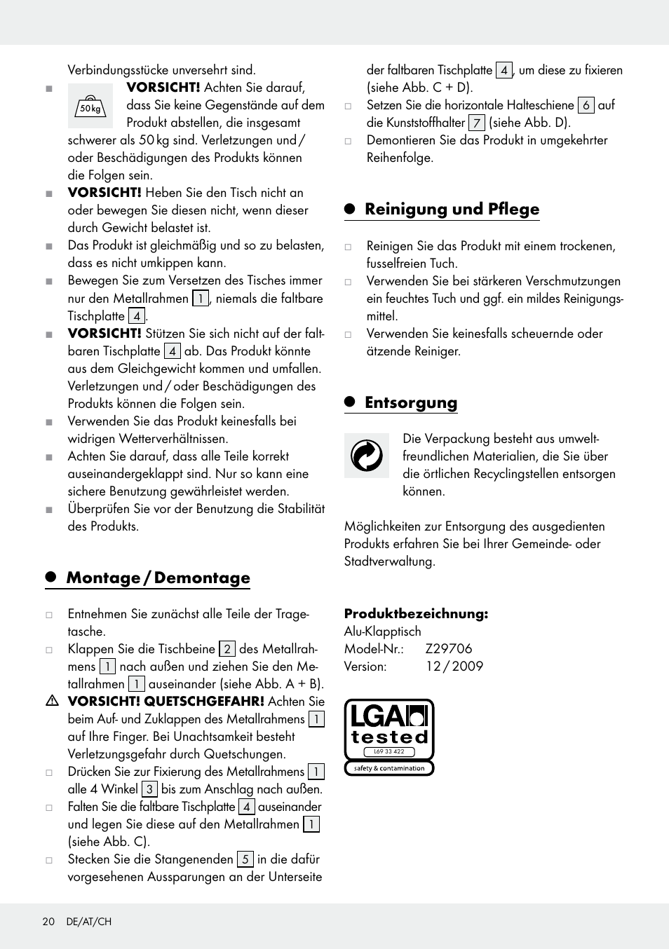 Montage / demontage, Reinigung und pflege, Entsorgung | Rocktrail Z29706 User Manual | Page 20 / 24