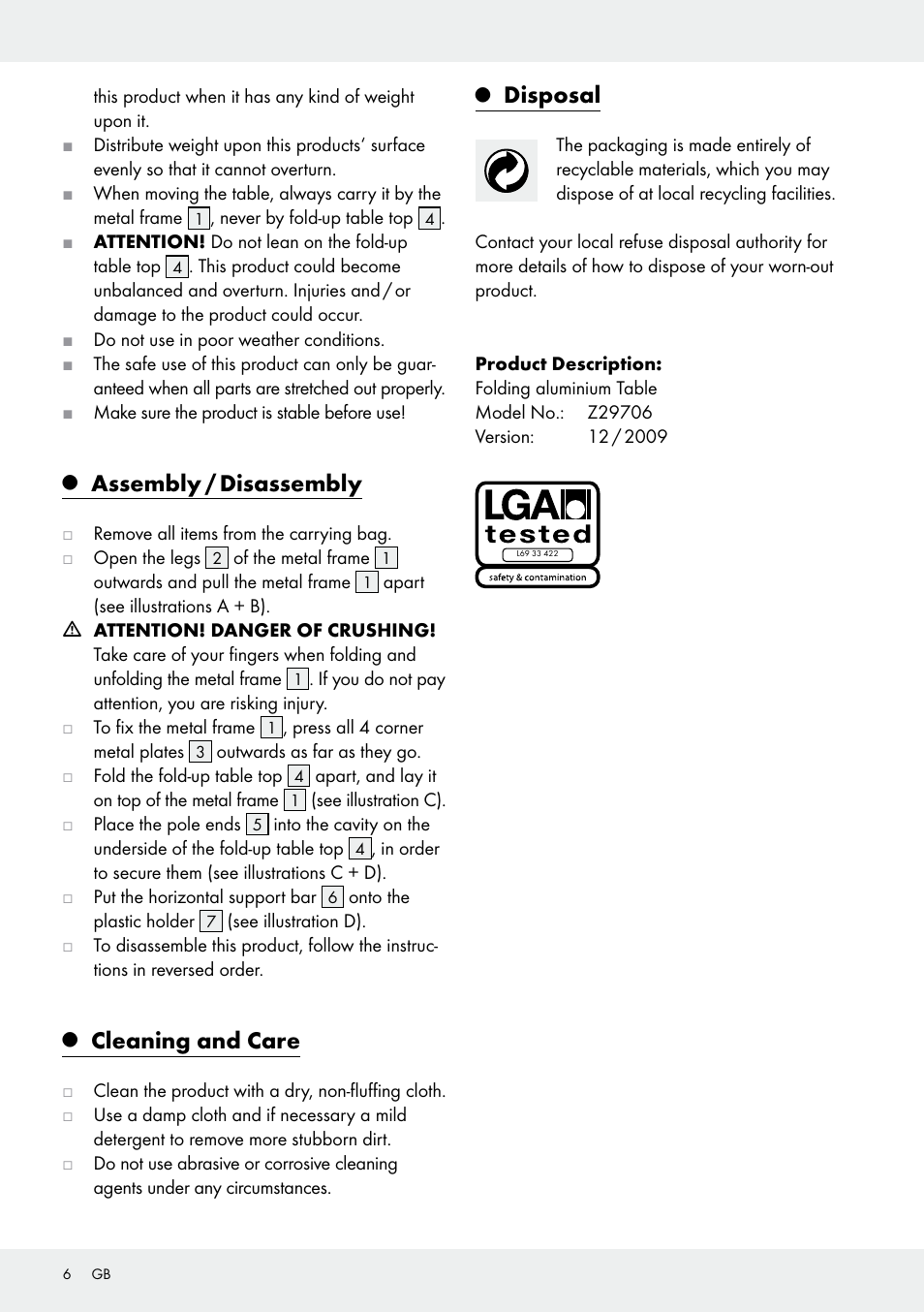Assembly / disassembly, Cleaning and care, Disposal | Rocktrail Z29706 User Manual | Page 6 / 24