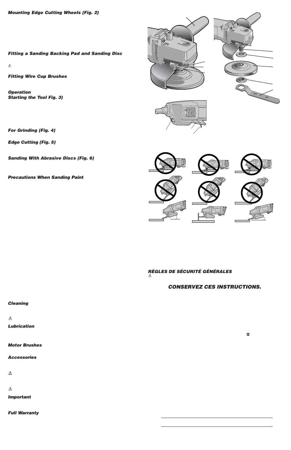 Conservez ces instructions, Mounting edge cutting wheels (fig. 2), Fitting a sanding backing pad and sanding disc | Fitting wire cup brushes, Operation starting the tool fig. 3), For grinding (fig. 4), Edge cutting (fig. 5), Sanding with abrasive discs (fig. 6), Precautions when sanding paint, Cleaning | DeWalt DW402G User Manual | Page 2 / 5