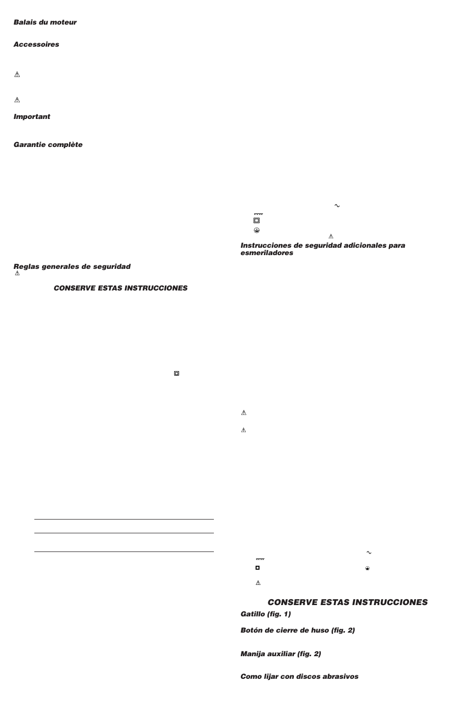Balais du moteur, Accessoires, Important | Garantie complète, Reglas generales de seguridad, Conserve estas instrucciones, Gatillo (fig. 1), Botón de cierre de huso (fig. 2), Manija auxiliar (fig. 2), Como lijar con discos abrasivos | DeWalt DW402G User Manual | Page 4 / 5