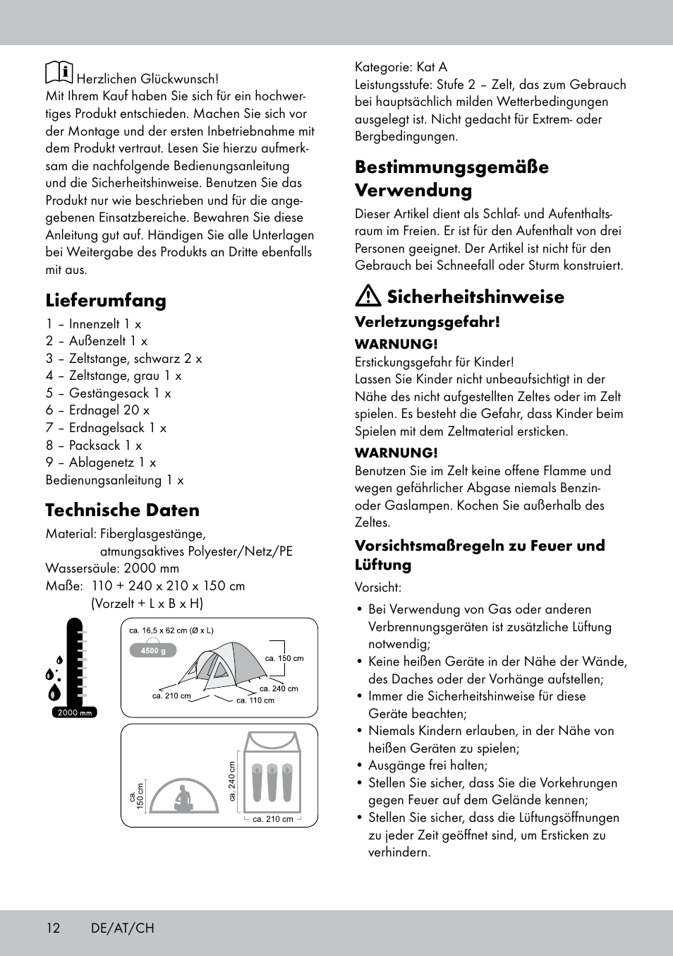 Lieferumfang, Technische daten, Bestimmungsgemäße verwendung | Sicherheitshinweise | Rocktrail TenTe igloo double User Manual | Page 12 / 20