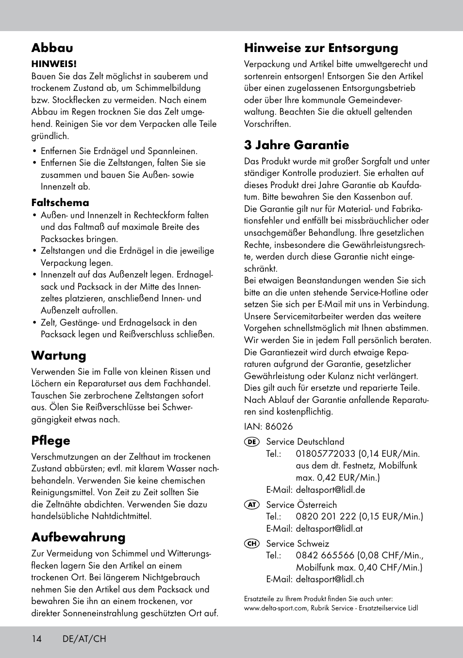 Abbau, Wartung, Pflege | Aufbewahrung, Hinweise zur entsorgung, 3 jahre garantie | Rocktrail TenTe igloo double User Manual | Page 14 / 20