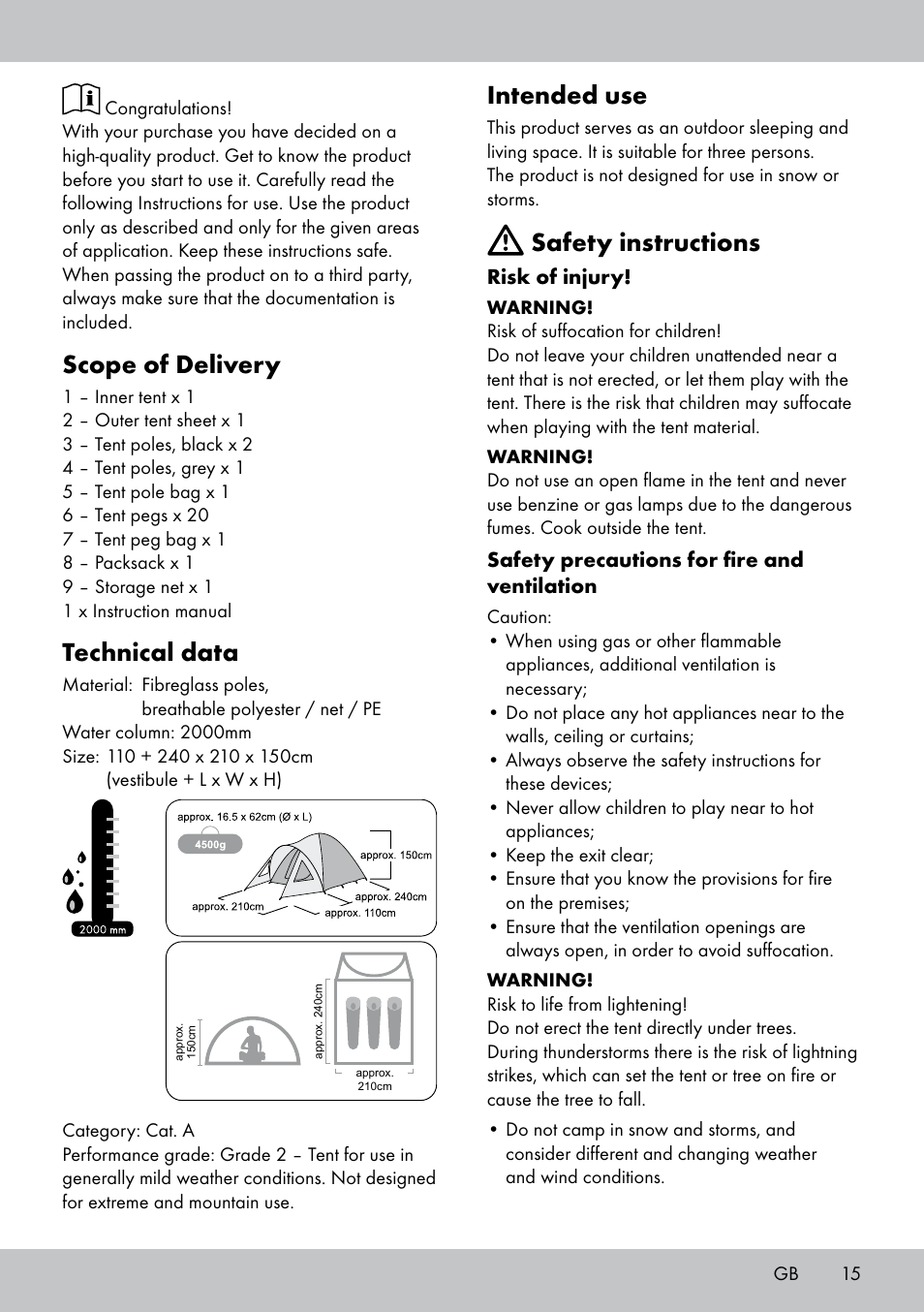 Scope of delivery, Technical data, Intended use | Safety instructions | Rocktrail TenTe igloo double User Manual | Page 15 / 20