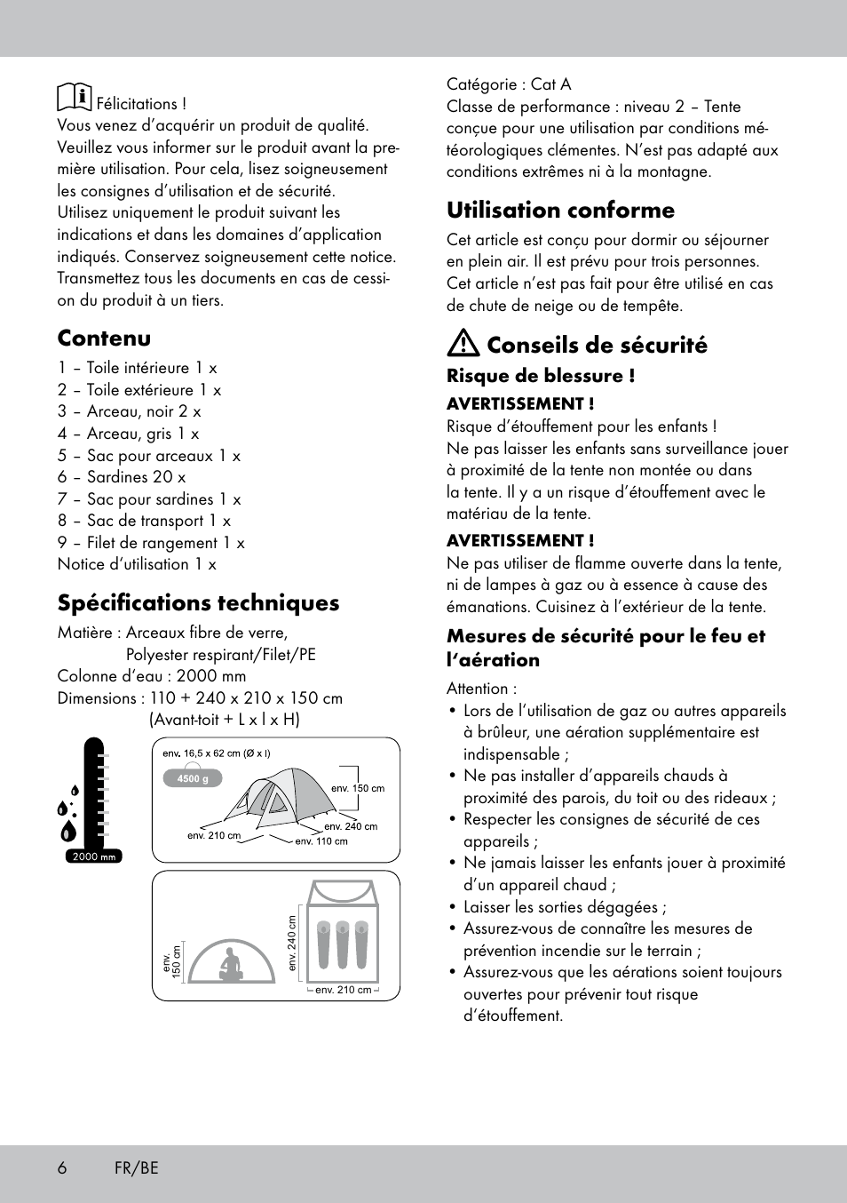 Contenu, Spécifications techniques, Utilisation conforme | Conseils de sécurité | Rocktrail TenTe igloo double User Manual | Page 6 / 20