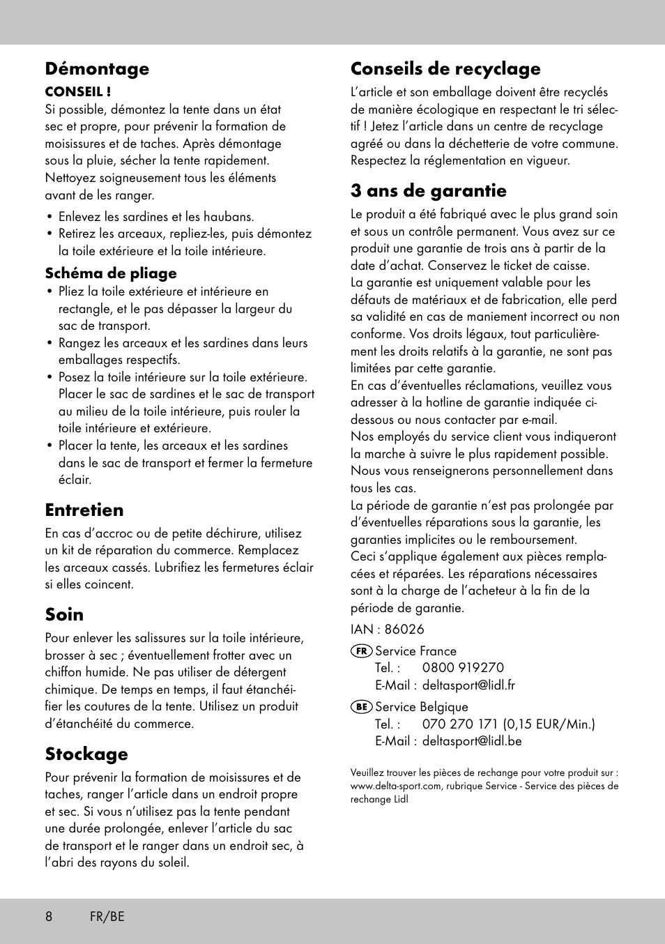 Démontage, Entretien, Soin | Stockage, Conseils de recyclage, 3 ans de garantie | Rocktrail TenTe igloo double User Manual | Page 8 / 20