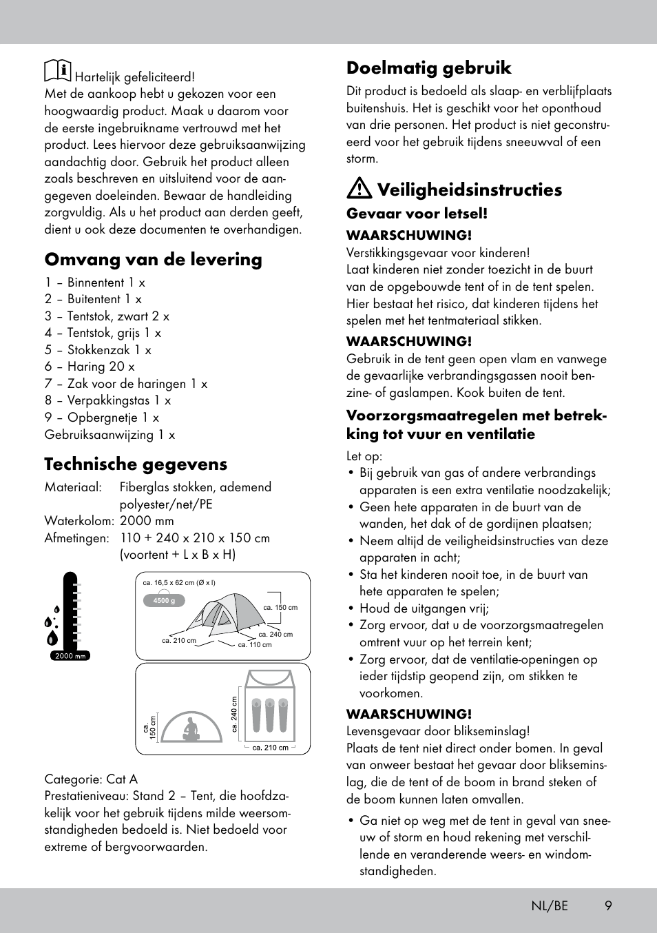 Omvang van de levering, Technische gegevens, Doelmatig gebruik | Veiligheidsinstructies | Rocktrail TenTe igloo double User Manual | Page 9 / 20