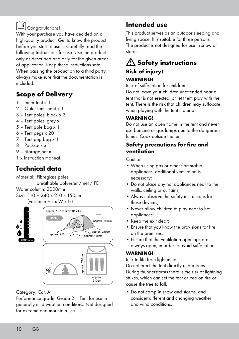 Scope of delivery, Technical data, Intended use | Safety instructions | Rocktrail Double-Roof Tent User Manual | Page 10 / 16