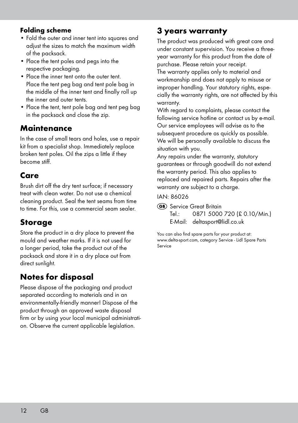 Maintenance, Care, Storage | 3 years warranty | Rocktrail Double-Roof Tent User Manual | Page 12 / 16