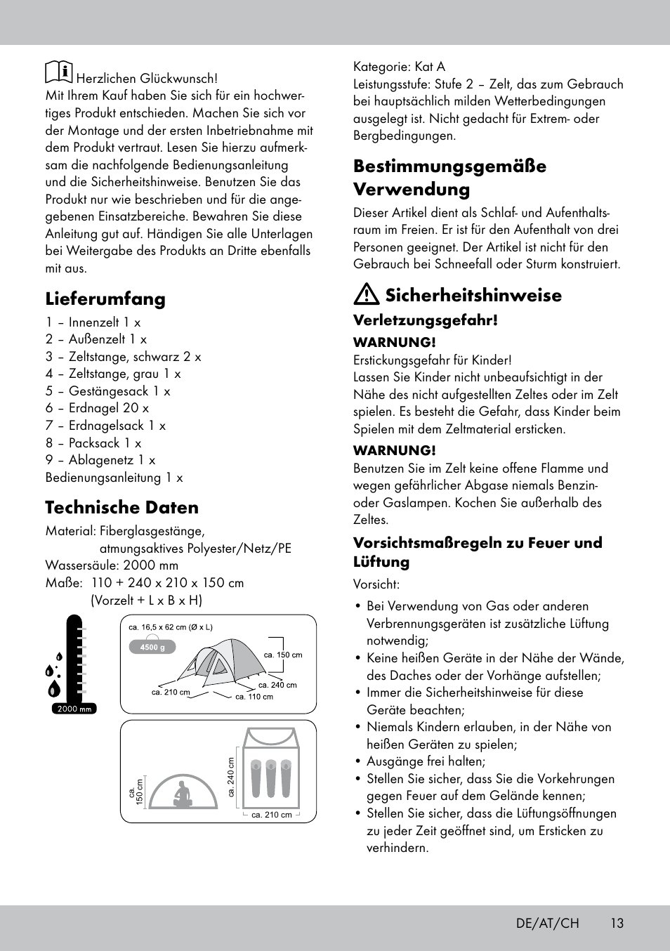 Lieferumfang, Technische daten, Bestimmungsgemäße verwendung | Sicherheitshinweise | Rocktrail Double-Roof Tent User Manual | Page 13 / 16