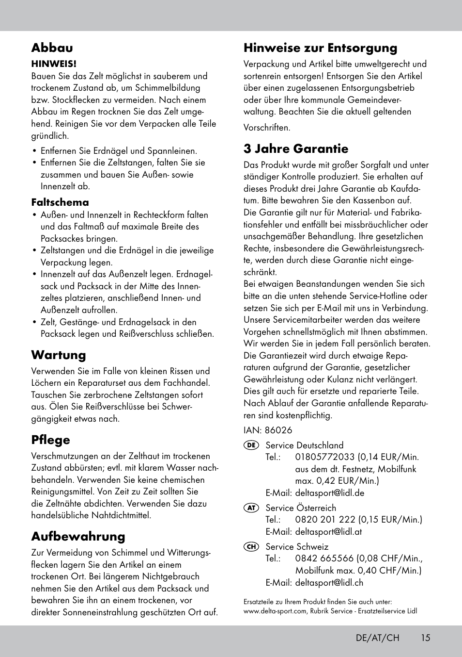 Abbau, Wartung, Pflege | Aufbewahrung, Hinweise zur entsorgung, 3 jahre garantie | Rocktrail Double-Roof Tent User Manual | Page 15 / 16