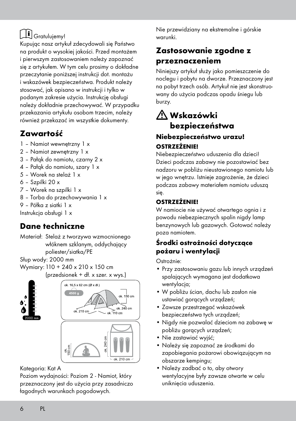 Zawartość, Dane techniczne, Zastosowanie zgodne z przeznaczeniem | Wskazówki bezpieczeństwa | Rocktrail Double-Roof Tent User Manual | Page 6 / 16