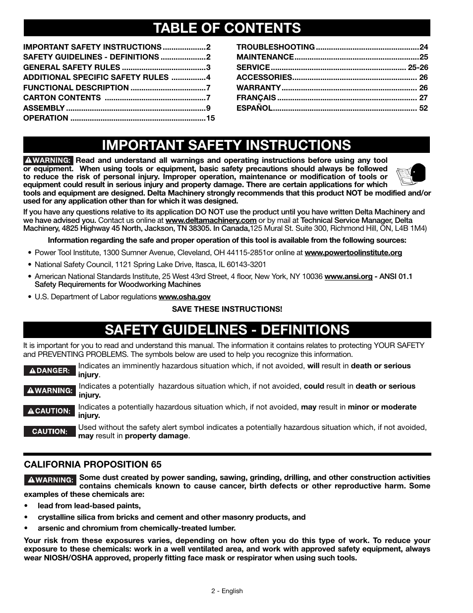 Table of contents important safety instructions, Safety guidelines - definitions | Delta JT360 User Manual | Page 2 / 76