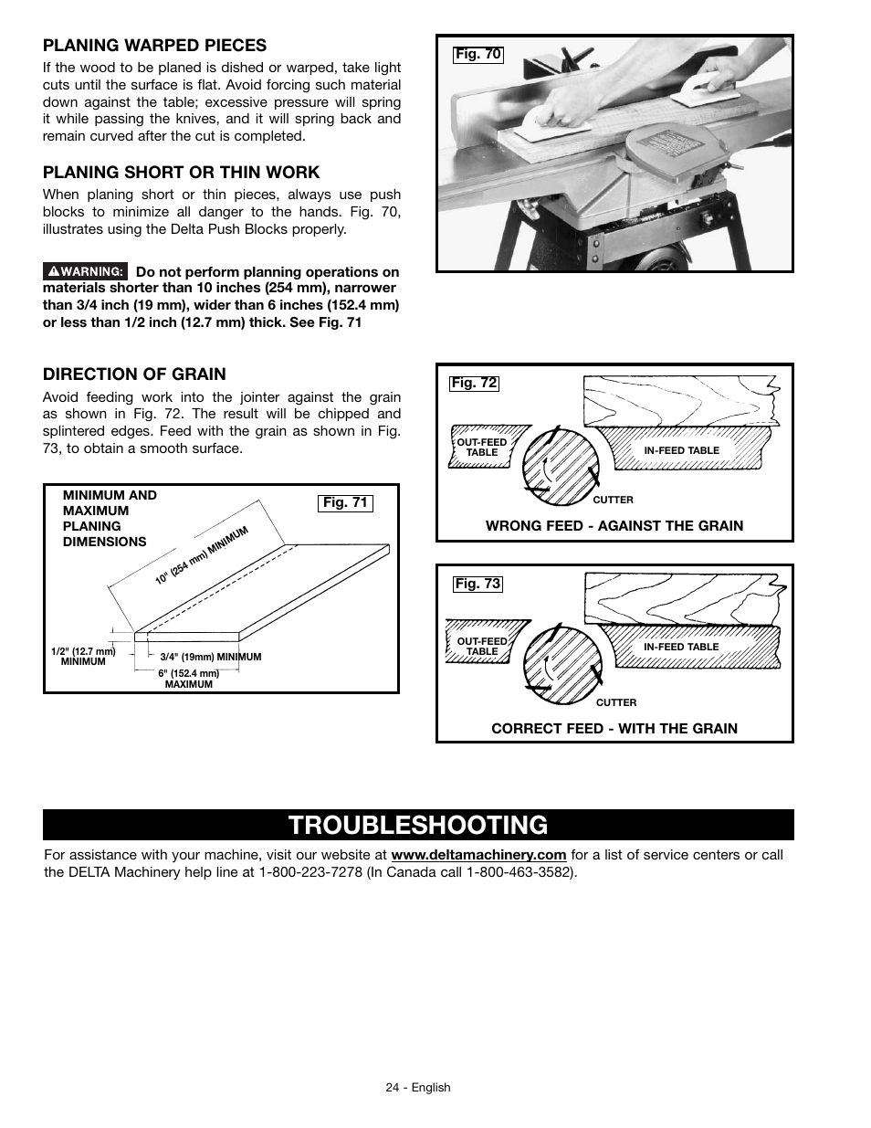 Troubleshooting, Planing warped pieces, Direction of grain | Planing short or thin work | Delta JT360 User Manual | Page 24 / 76