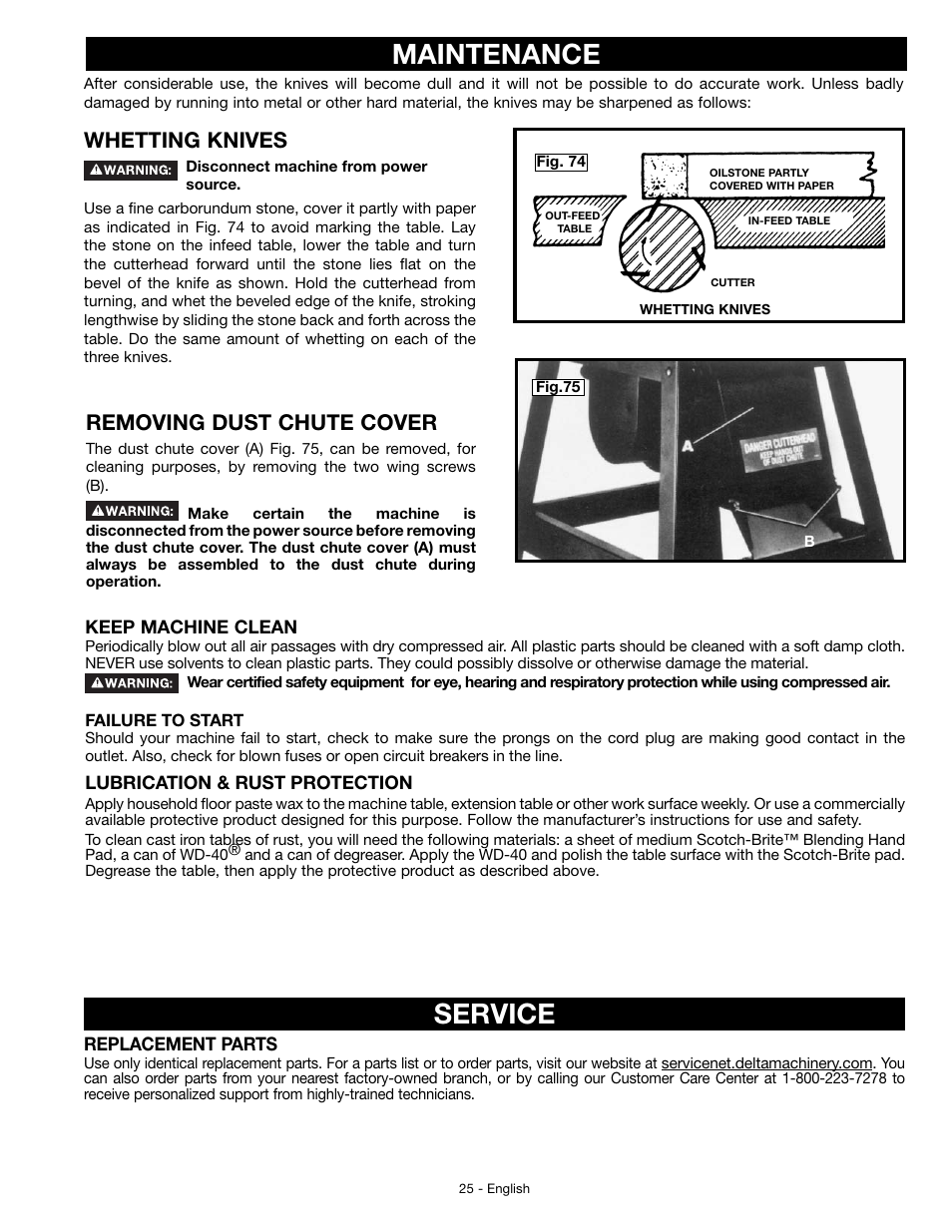 Maintenance, Service, Removing dust chute cover | Whetting knives | Delta JT360 User Manual | Page 25 / 76