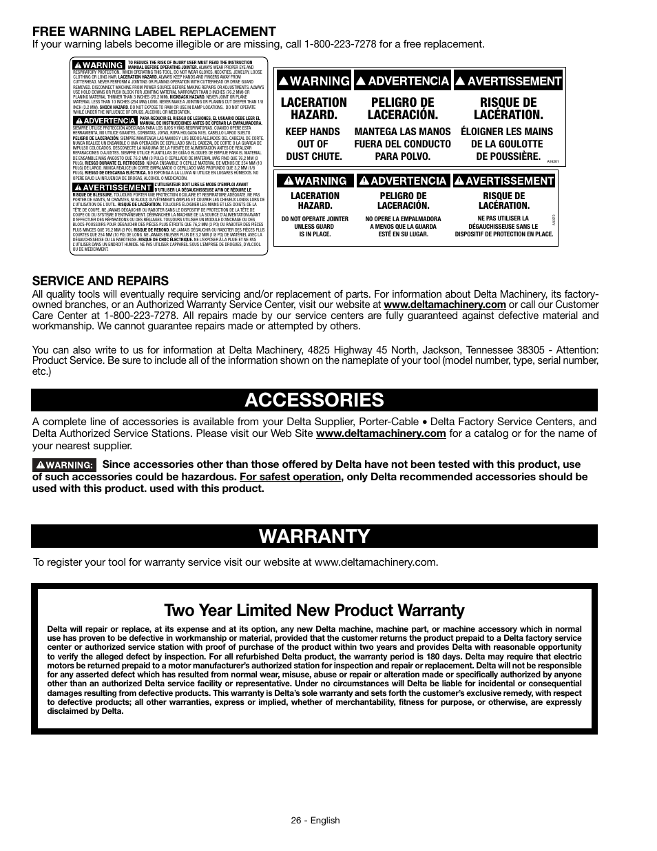 Accessories, Warranty, Two year limited new product warranty | Laceration hazard. peligro de laceración, Risque de lacération, Free warning label replacement, Service and repairs, Éloigner les mains de la goulotte de poussière | Delta JT360 User Manual | Page 26 / 76