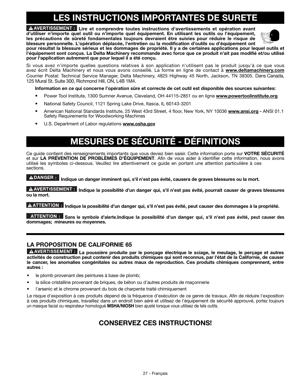 Mesures de sécurité - définitions, Les instructions importantes de surete, Conservez ces instructions | Delta JT360 User Manual | Page 27 / 76