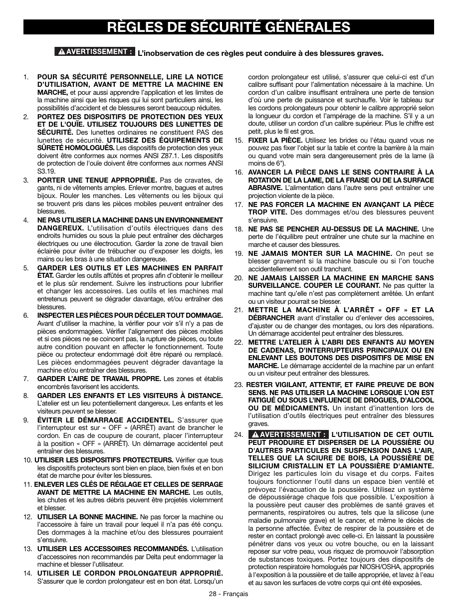 Règles de sécurité générales | Delta JT360 User Manual | Page 28 / 76