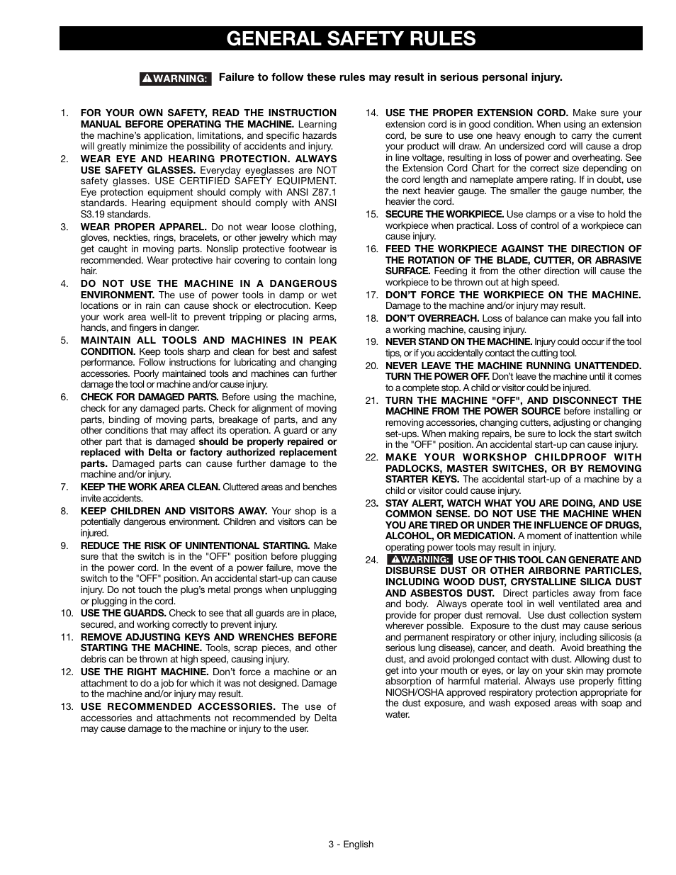 General safety rules | Delta JT360 User Manual | Page 3 / 76