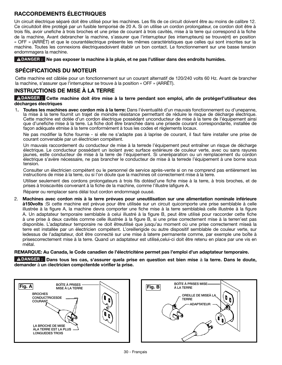 Raccordements électriques, Instructions de mise à la terre, Spécifications du moteur | Delta JT360 User Manual | Page 30 / 76