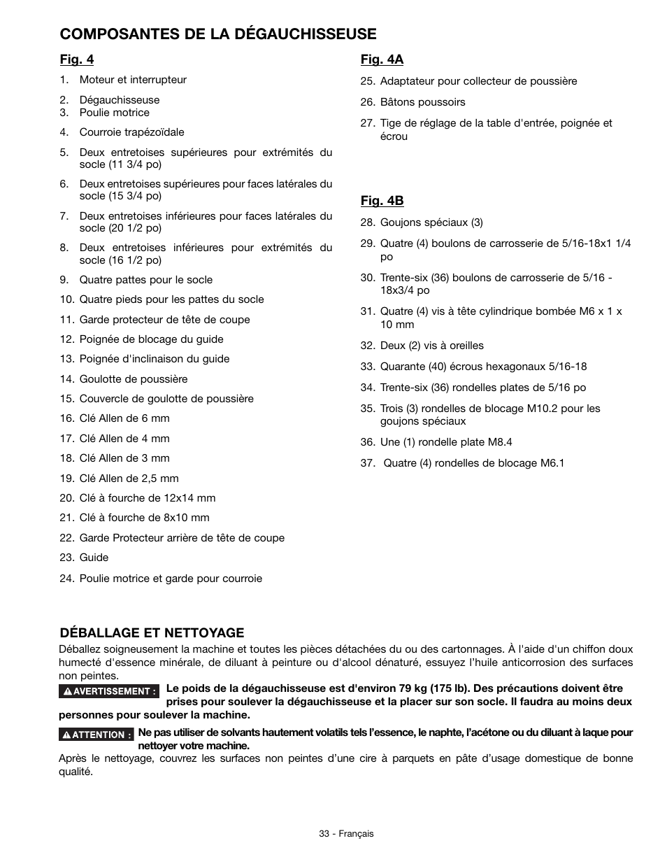 Composantes de la dégauchisseuse | Delta JT360 User Manual | Page 33 / 76