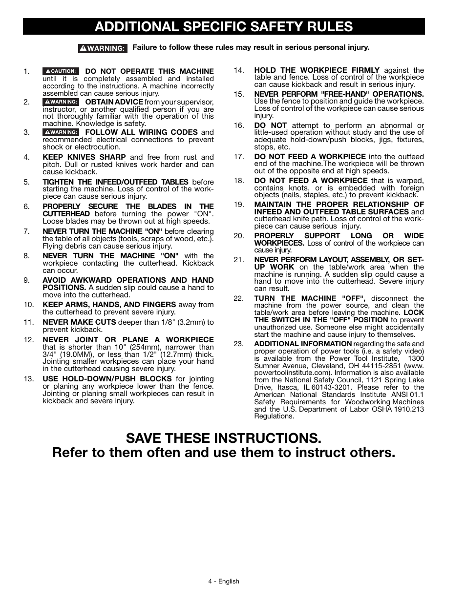 Additional specific safety rules | Delta JT360 User Manual | Page 4 / 76