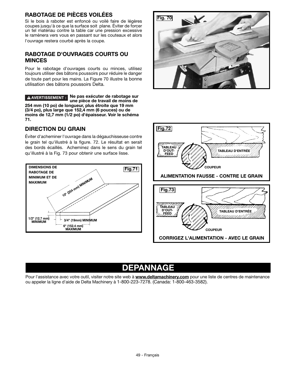 Depannage, Rabotage de pièces voilées, Direction du grain | Rabotage d'ouvrages courts ou minces | Delta JT360 User Manual | Page 49 / 76