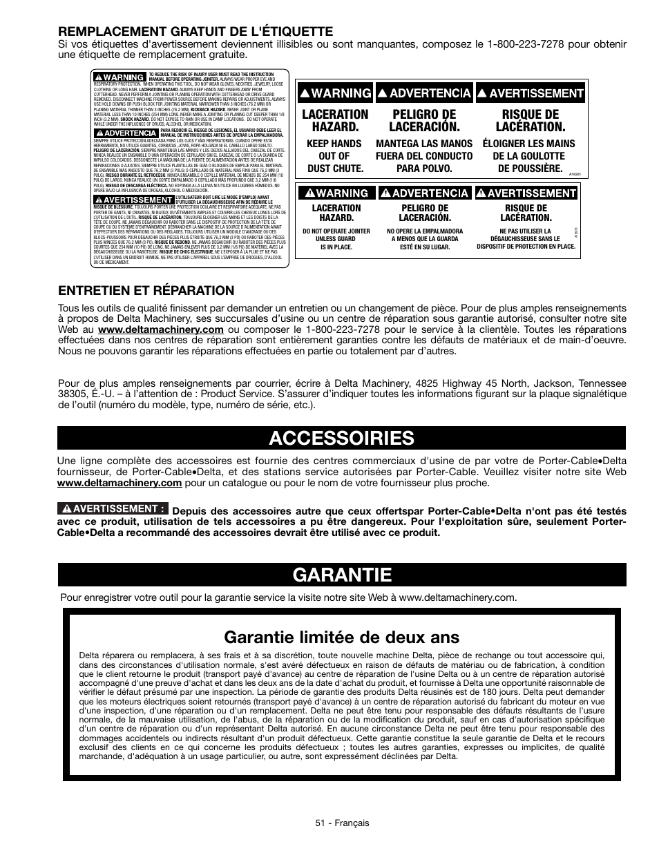 Accessoiries garantie, Garantie limitée de deux ans, Laceration hazard. peligro de laceración | Risque de lacération, Remplacement gratuit de l'étiquette, Entretien et réparation, Éloigner les mains de la goulotte de poussière | Delta JT360 User Manual | Page 51 / 76