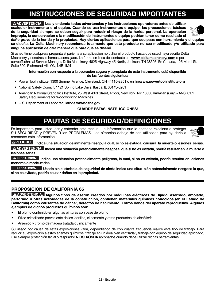 Instrucciones de seguridad importantes, Pautas de seguridad/definiciones | Delta JT360 User Manual | Page 52 / 76