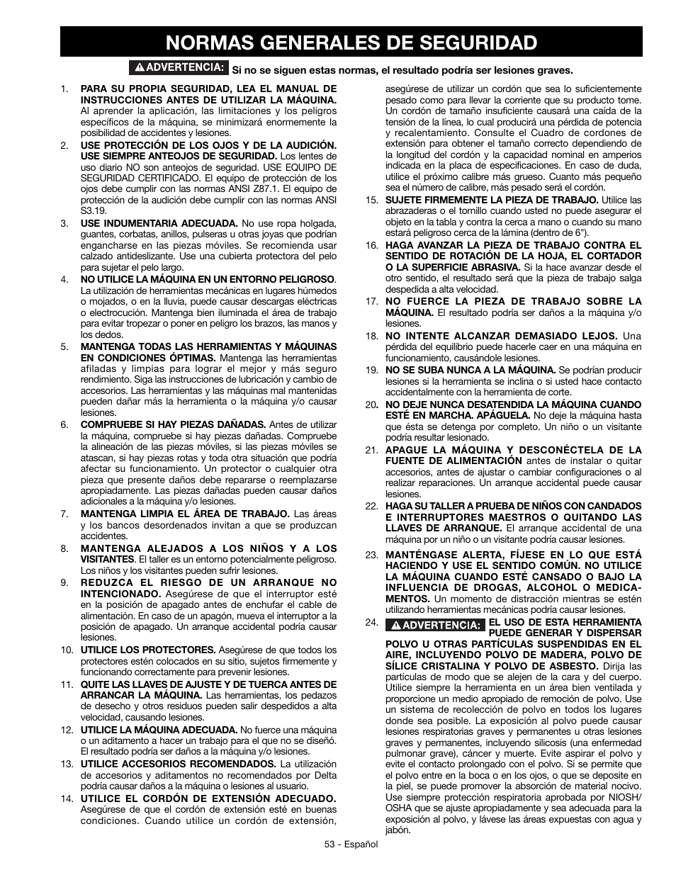 Normas generales de seguridad | Delta JT360 User Manual | Page 53 / 76