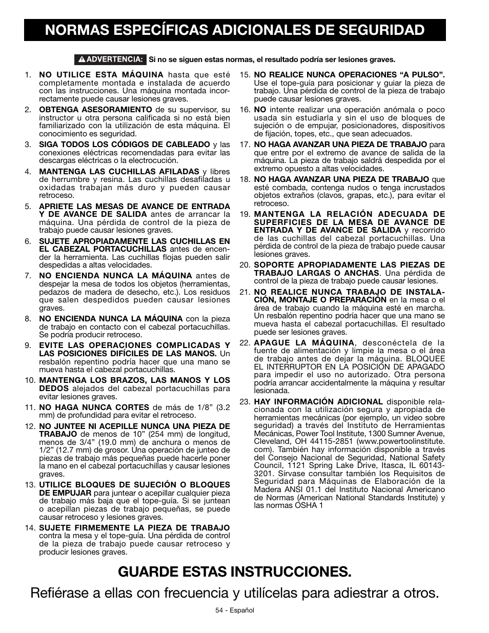 Normas específicas adicionales de seguridad | Delta JT360 User Manual | Page 54 / 76