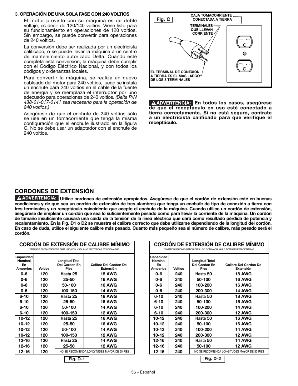 Cordones de extensión, Cordón de extensión de calibre mínimo | Delta JT360 User Manual | Page 56 / 76