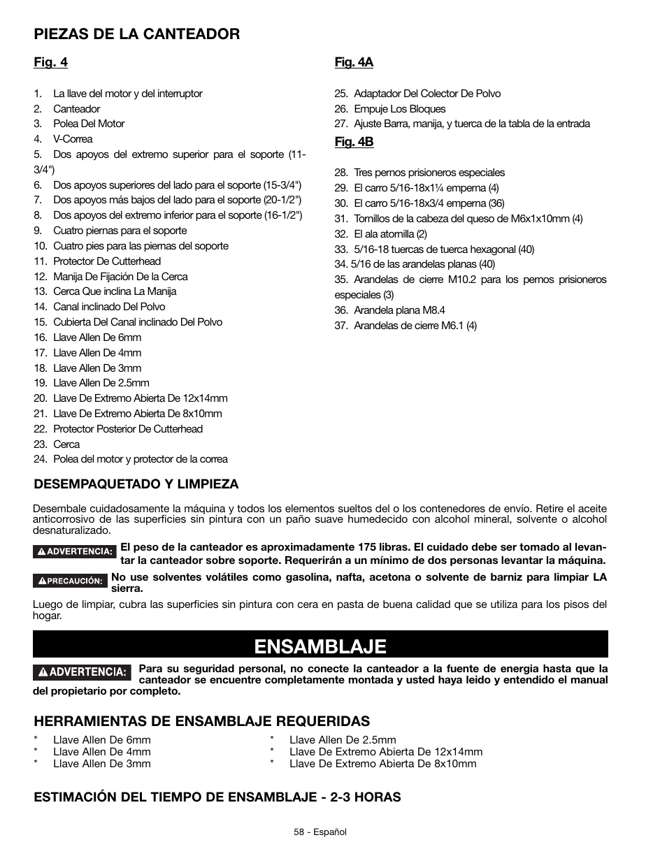 Ensamblaje, Piezas de la canteador, Herramientas de ensamblaje requeridas | Delta JT360 User Manual | Page 58 / 76